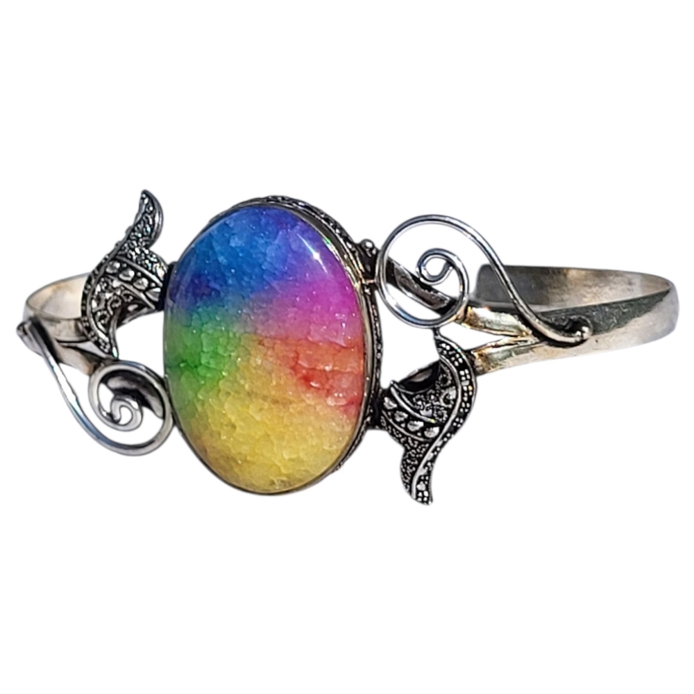 Natural Rainbow Solar Quartz Handcrafted 925 Sterling Silver Adjustable Bracelet